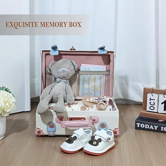 Unitravel Baby Keepsake Case, Handmade Memory Storage Box, Newborn Keepsake Box, Vintage Suitcase for Baby Shower, Baptism, Naming Ceremony or Birthday (cream white, 13") - Image 2
