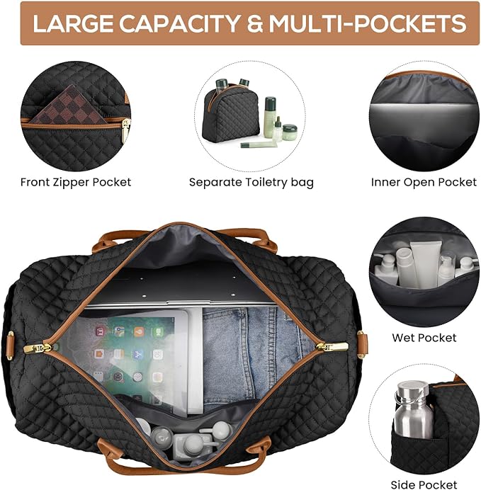 Travel Weekender Bags for Women: Overnight Bags with Shoe Compartment 3Pcs | Carry On Bag with Crossbody and Toiletry Bag, with Wet Dry Pocket For Hospital Overnight Airplane Approved Duffle Beige Brown - Image 2