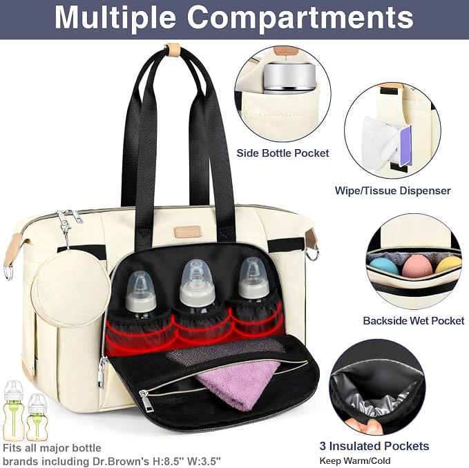 Diaper Bag Tote for Baby 7PCS, Large Mommy Bag with Portable Changing Pad | Multifunctional Hospital Bags for Labor and Delivery with Pacifier Case and Organizer Pouches,Travel Baby Bag for Boy Girl - Image 4