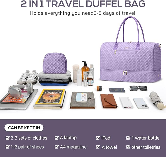 Travel Bag Weekender Bags for Women - Carry on Overnight Bag with Shoe Compartment Duffle Bag with Laptop Pocket Light Purple - Image 4