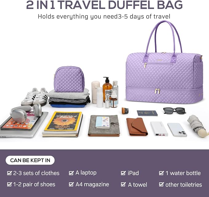 Travel Weekender Duffle Bags for Women - Large Carry On Bag with Shoe Compartment Overnight Bag with Toiletry Bag Duffel Bags with Wet Pocket for Gym Hospital Bags for Labor and Delivery Light Purple - Image 4