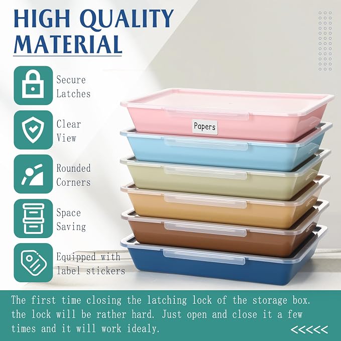 12 Pcs Classroom Paper Storage Bins with Clear Latching Lids Labels, Letter Size Stackable Flat Trays Container Paper Organizer for Teacher Back to School Office Arts Crafts (Morandi,13x10in) - Image 3