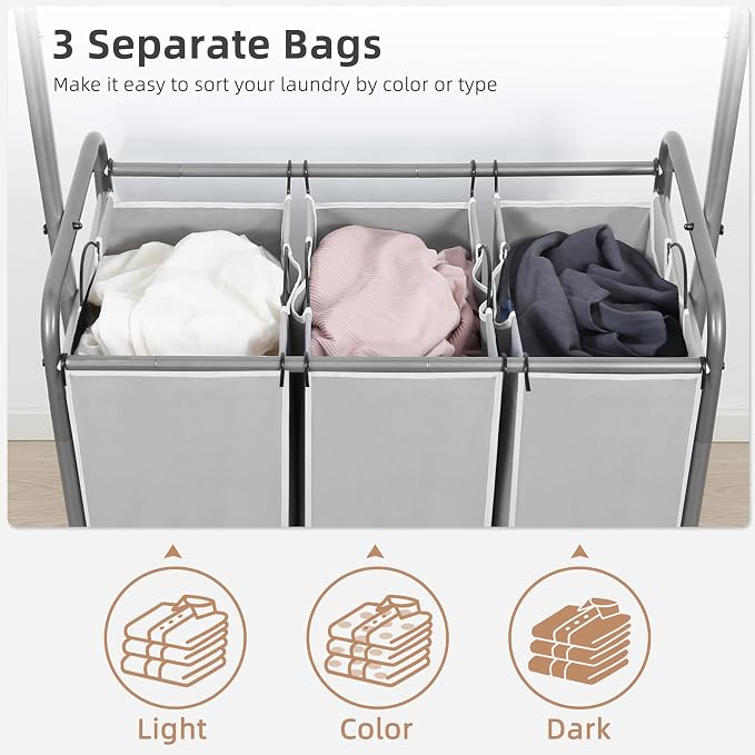 STORAGE MANIAC 136L Laundry Sorter with Hanging Bar, Portable, Removable Laundry Hamper Cart with Heavy Duty Rolling Lockable Wheels and Removable Bags, Rolling Laundry Basket Organizer, 3 Section - Image 5