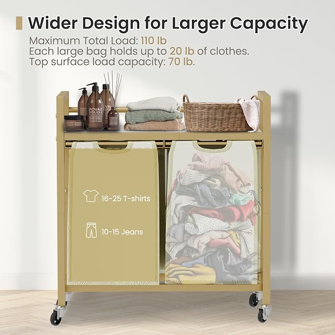 SwaaVee Laundry Sorter, Laundry Hamper with Wooden Top Shelf, 2×14.5Gal(110L), Metal Frame laundry basket with wheels, Pull out and Removable Laundry Bags, 2 Bags-Golden - Image 3