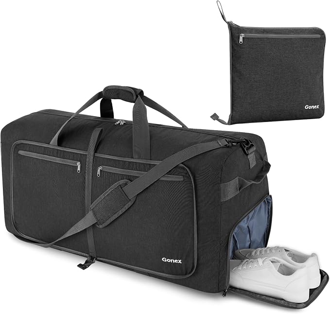 Gonex 80L Foldable Travel Duffle Bag with Shoe Compartment, Lightweight | 210D Nylon, Water-Repellent, Folds Compact, Multiple Pockets, Luggage Sleeve, Weekend Trips & Camping, Dark Grey - Image 8