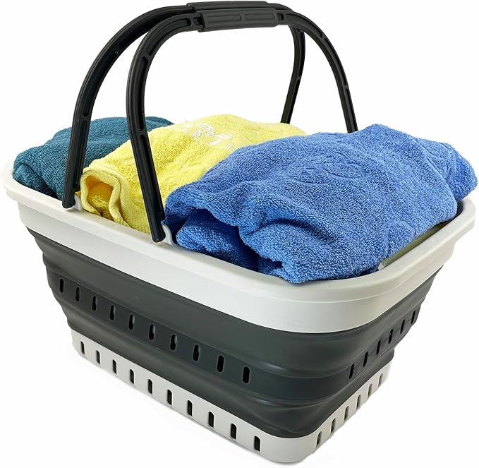 SAMMART 26L (6.8 Gallons) Collapsible Plastic Laundry Basket with Handle-Foldable Pop Up Storage Basket with handle (Grey/Washed Black) - Image 6
