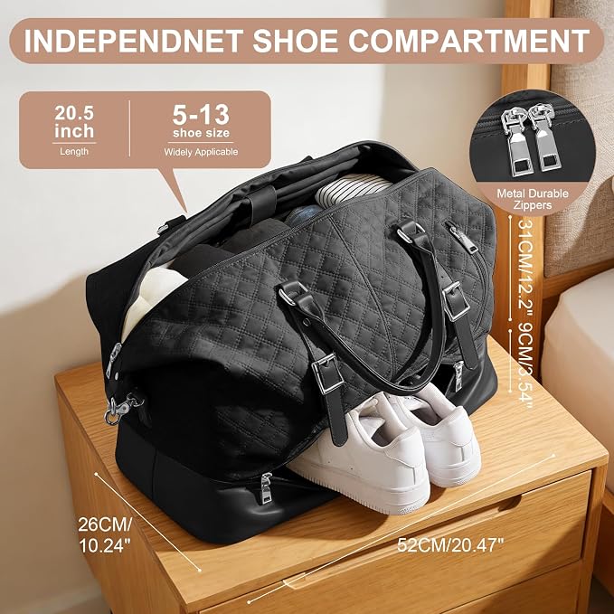 Travel Duffel Weekender Bag Women Tote Carry On Bags With Shoe Compartment | Travel Overnight Bags with Trolley Sleeve for Airplanes Sport Tote Gym for Men Waterproof Lightweight Daypack Black - Image 4