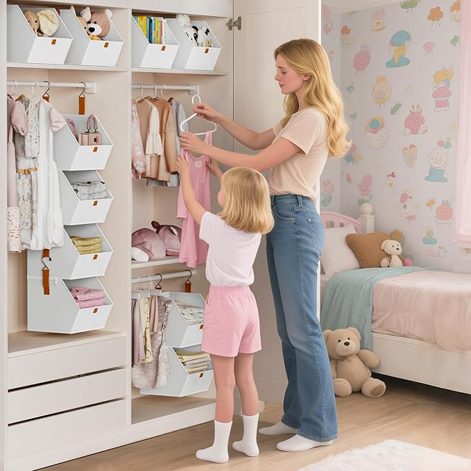 Hanging Closet Organizer 4 Tier - Clothes Hanging Shelves, Space-Saving Closet System, Fabric Storage Bins Bedroom Organization, Collapsible Baskets for Home, Dorm, Rv, White, 8 Pack - Image 6