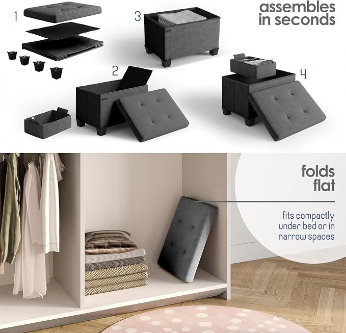 Storage Ottoman Cube with Small Bin, 16-in Square Ottoman with Storage for Living Room and Bedroom, Small Ottomans Foot Rest, Velvet Foot Stools Ottomans Max 330lbs, Grey - Image 8