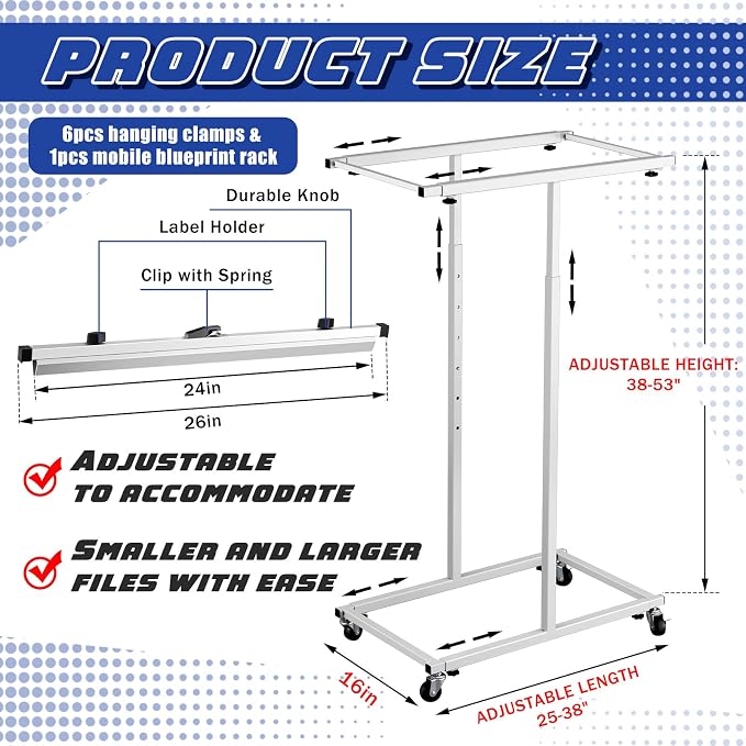 Kolldenn Mobile Blueprint Storage Rack Adjustable Holder with 6 Pcs Blueprint Clamps 4 Wheels Storage Organizer Stand for File Display Plan Office Home(24 Inch) - Image 2
