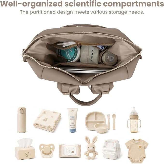 Large Capacity Diaper Bag Backpack with Changing Pad, Waterproof Baby Travel Backpack for Parents-Khaki - Image 4