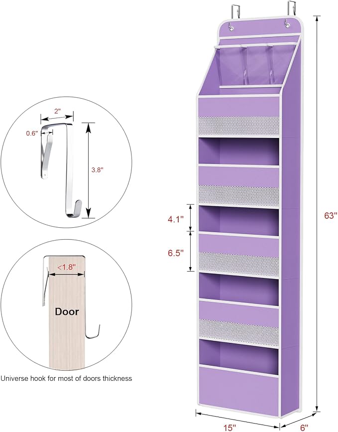 Univivi Fabric Over the Door Organizer for Baby Nursery, Purple, 6-Shelf | Door Storage with Large Capacity Breathable Mesh Pockets, Over Door Hanging Organizer for Baby Essential, Bedroom, and Dorm - Image 3