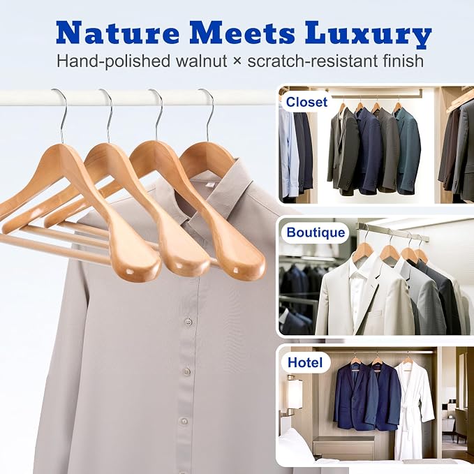 HOUSE DAY Wood Suit Hangers for Men, Smooth Wide Shoulder Wooden Hanger with Non Slip Pant Holder, Wide Hangers for Suits, Coats, Jackets, Heavy Wide Clothes Hanger 2 Pack, Natural - Image 7