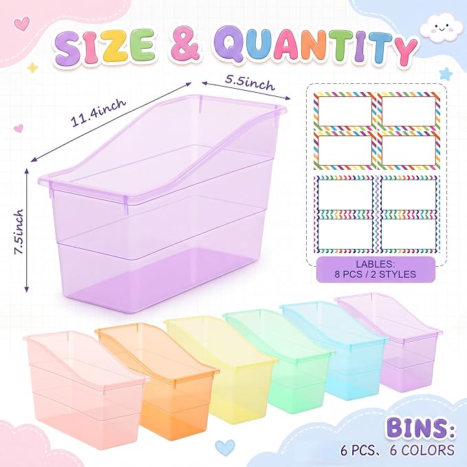 Blosssound 6 Set Book Bins for Classroom Stackable,Translucent Pastel | Plastic Baskets with Labels, Slanted Front, Library Supplies Organizers, Desktop Storage Bins, Teachers Home School Use - Image 2