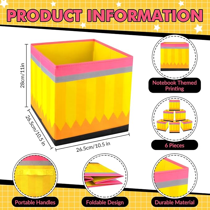 Demonwer 6 Pcs 11 Inch Fabric Storage Bins Pencil Themed Cubby Basket Bins with Handles Yellow Pencil Storage Containers for Back to School Decorations Office Home Organizer Supplies - Image 2
