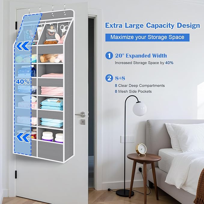 Univivi Upgraded Over the Door Organizer for Baby Nursery, Grey, 5-Shelf | Fabric Door Organizer with Clear Window Deep Pockets, Over Door Hanging Organizer for Baby Essential, Bedroom, and Dorm - Image 8