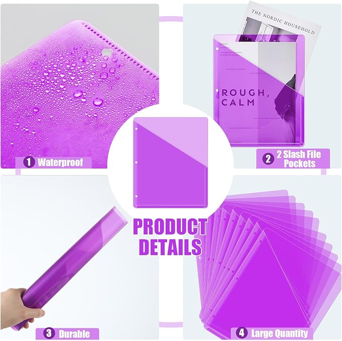 Seajan 100 Pcs Binder Pocket Folders, Clear 3 Ring Binder, Purple | Plastic Folders Sleeves with 2 Pockets, Poly Slash File Jackets, 3 Hole Punched Dividers for School, Office, Documents - Image 3