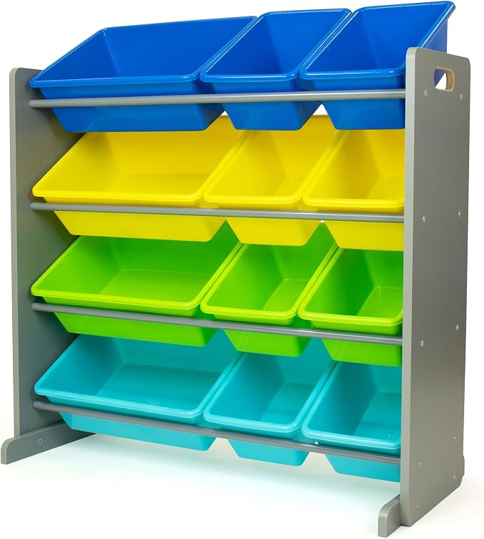 Humble Crew Kids Toy Organizer with 12 Bins, 4 Tier Storage for Playroom | Sturdy wood and steel toddler shelf, removable BPA-free containers, wall anchor anti-tip safety kit for bedroom or classroom by HumbleCrew