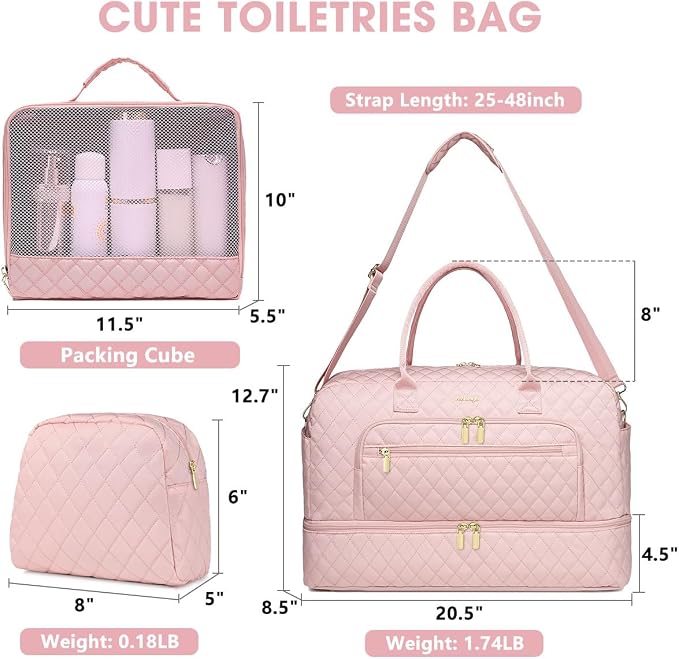 Large Women Travel Duffle Bag - Carry on Overnight Bag Weekend Travel Duffel Tote Gym Bag with Wet Pocket Toiletry Weekender Overnight Bag for Travel Business Trips Sports Hospital Pink 3 Pcs Set - Image 2