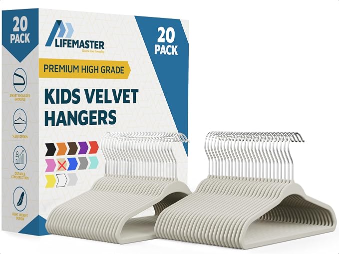 Ivory Velvet Kids Hangers 20 Pack, 10.83" Non-Slip Baby & Toddler Hangers for Clothes, Space-Saving Slim ABS Plastic with 360° Swivel Hook & Notched Shoulders, Up to 10 lb Capacity by LIFEMASTER