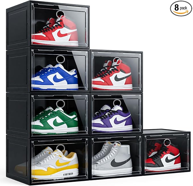 Large Clear Plastic Stackable Shoe Boxes 8-Pack, Drop Side Shoe Organizers | Black Sneaker Storage Display Cases with Magnetic Door, Premium Shoe Container Fits up to US Size 13, for Closet Organization by YukuiLLc