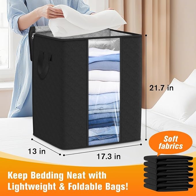SpaceTrove Clothes Storage Bags, 10-Pack Comforter Blanket Organizers, 80L Large Capacity Containers with Visual Window for Clothing, Quilt, Sheet, Pillow, Closet Organization for Bedding (Black) - Image 2