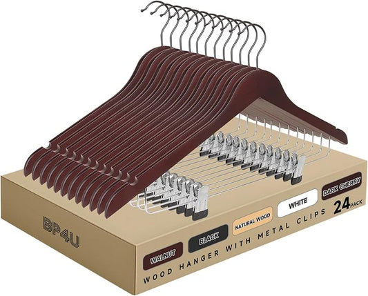 Wooden Hangers with Adjustable Metal Clips, 24-Pack, Dark Cherry | Solid Wood Hangers with 360° Rotatable Hook for Skirt, Dress, Coats, Jacket and Pants, Space-Saving and Non-Slip Design by BP4U%E2%84%A2