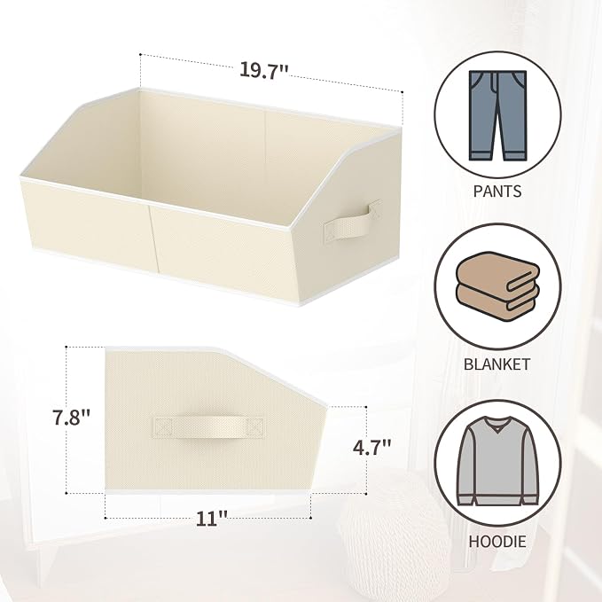 Storage Bins for Shelves - Large Trapezoid Closet Shelf Organizer, Fabric Organization Bins with Handles, Storage Baskets for Clothes, Towel, Purse, 4 Pack, Beige - Image 2
