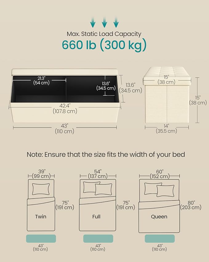 SONGMICS MAZIE Collection - 43 Inches Folding Storage Ottoman Bench, Ottoman Foot Rest, End of Bed Bench, Storage Chest, Load 660 lb, for Living Room, Bedroom, Entryway, Cream White ULSF77BE - Image 2