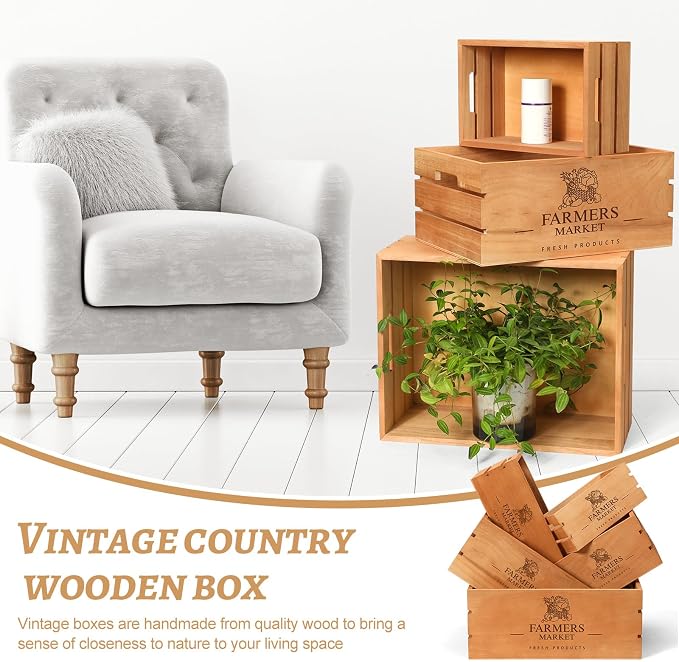 Barydat Set of 5 Wood Crates for Display Decorative Nesting Wooden Crate Storage with Handles Vintage Farmhouse Style Decorative Boxes Multipurpose Fruits Vegetables Boxes(Brown,Classic) - Image 3