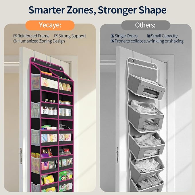 Yecaye 5-Tier Over The Door Organizer Dual-Column, 80lbs Load Over The Door Storage of 10 Compartments, Heavy Duty Door Organizer Hanging for Bedroom Closet Dorm Bathroom Pantry, Black and Pink 1 Pack - Image 4