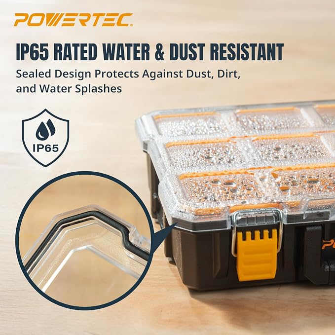 POWERTEC Small Parts Organizer & Tool Box – 10 Compartments, IP65 Water & Dust Protection, Stackable Storage with Interlocking Latch, Removable Tray, Clear Lid, Portable Design (72365) - Image 6