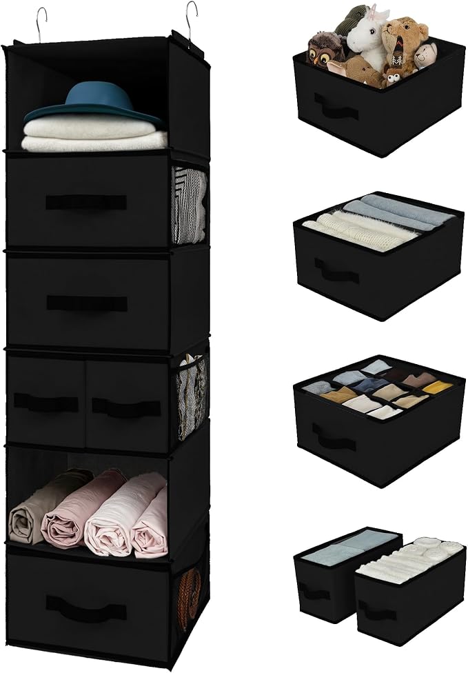 GRANNY SAYS Hanging Closet Organizer, 5 Drawers, 6 Shelves, 6 Pockets | Hanging Closet Organizer with 5 Different Drawer Designs, 6 Shelves & Reinforced Structure for Organized Small Spaces, Black by GRANNYSAYS