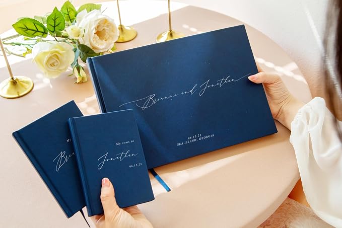 Personalized Wedding Book Set with Guestbook Vow Books (Design 1) - Custom Large 11.5 x 8.5 Guest Signin Book, 5.75 x 4 Vow Books for Marriage Ceremony Reception, Gift for Newly Engaged Couple, Navy - Image 2