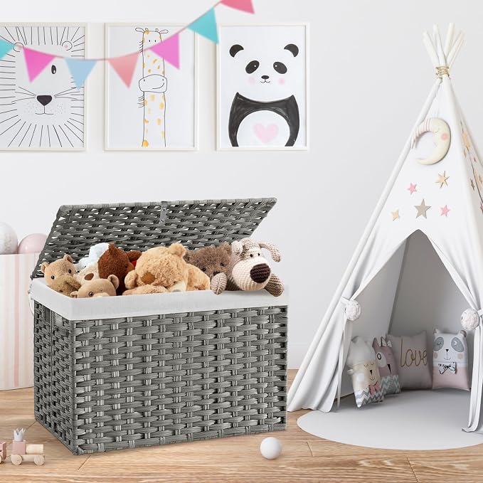 240L Wicker Storage Basket with Lid, Handwoven Rattan Large Shelf Basket with Removable Liner, 63.5 Gallon Wicker Basket for Blanket, Storage Trunk with Handle for Closet, Bedroom, Livingroom, Grey - Image 2