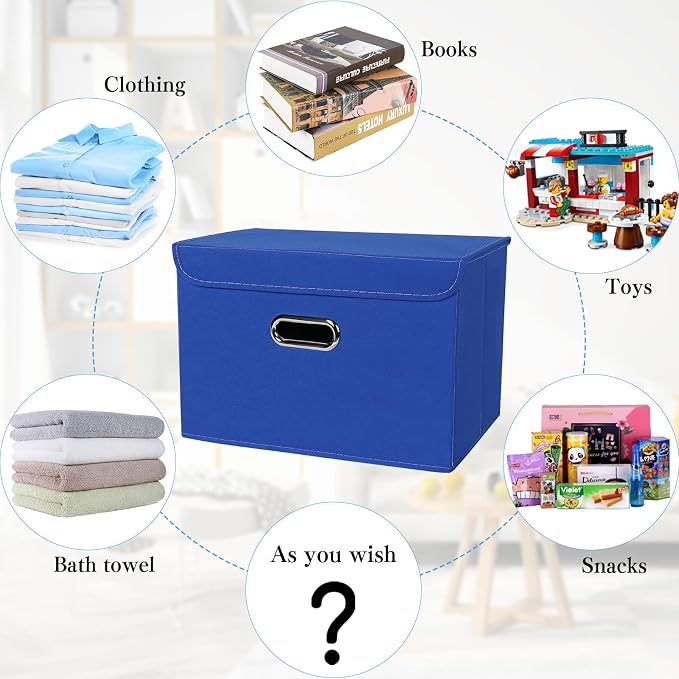 STOREONE Fabric Storage Cube Bins Foldable Organizer Container Collapsible Basket with Lids and Metal Handles, for Home, Bedroom, Closet 6 Pcs (Dark Blue) - Image 3