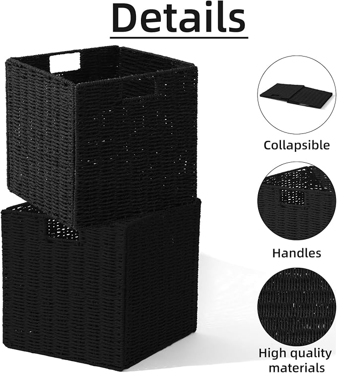 Set of 2 Hand-Woven Paper Rope Wicker Baskets,12x12x12in Storage Basket, Foldable Cube Storage Bins, Black Storage Cubes, Square Baskets for Organizing Shelves Decor - Image 2