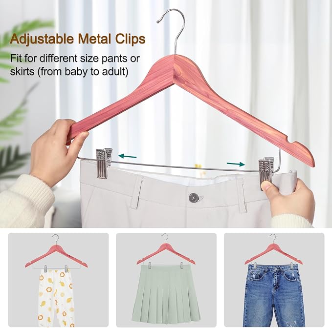 TOPIA HANGER American Red Cedar Wooden Hangers with Adjustable Metal Clips and 360° Swivel Hook, Premium Wood Clothes Hangers 10 Pack for Suit, Pant, Skirt, Jeans, Coat, Jacket-CT28C - Image 5