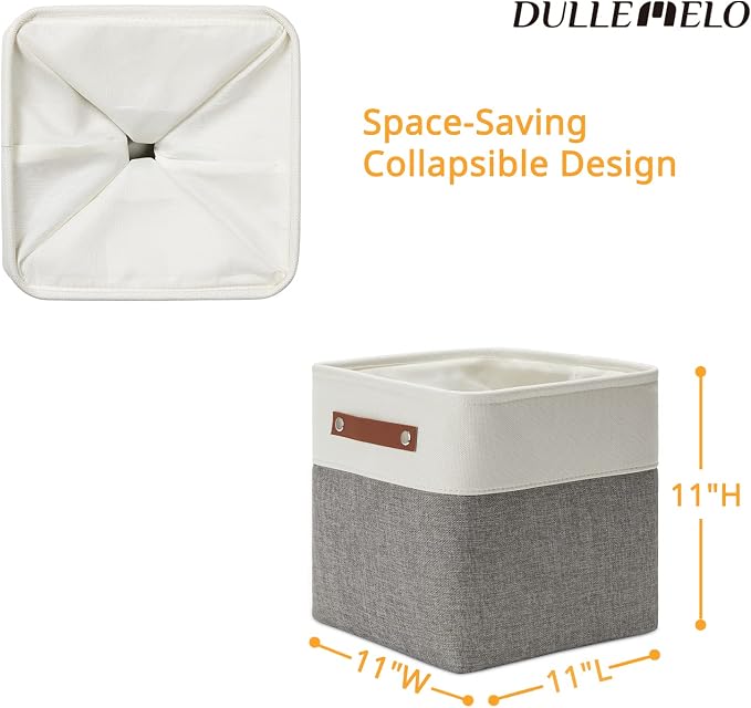 DULLEMELO 11 Inch Cube Storage Bins (Set of 4), Fabric Storage Baskets for Standard Cube Organizers, High-Capacity Collapsible Bins with PU Leather Handles for Closet, Nursery, and Shelves-White&Grey - Image 2