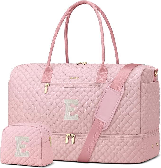Letter Weekender Bags for Womens - Duffle Bag with Shoe Compartment Personalized Overnight Bag with Toiletry Bag Duffel Bags for Gym Hospital Bags Gift for Women Pink (Letter E) by FOCDOD