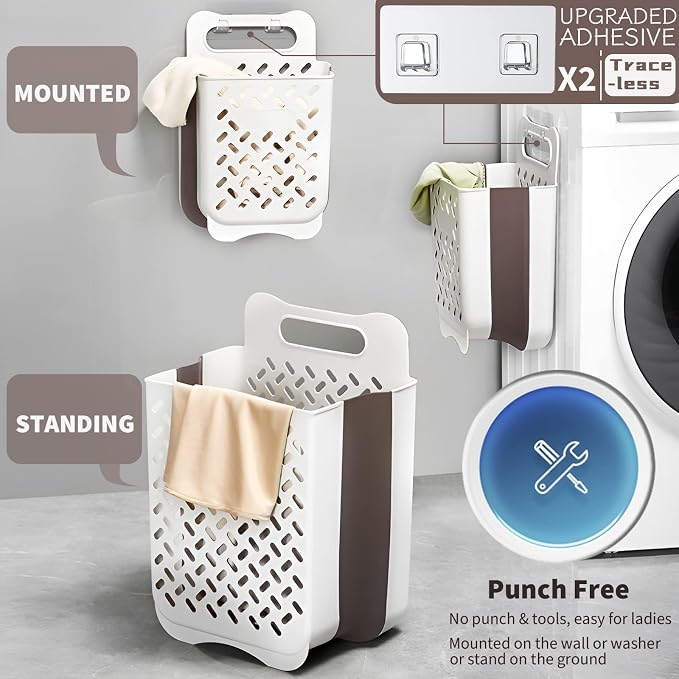 Plastic Collapsible Hanging Laundry Baskets with Carry Handle, Space-Saving Wall Hanging Laundry Basket Durable Tall Folding Plastic Laundry Hamper Waterproof Dirty Clothes Organizer XL+L - Image 5