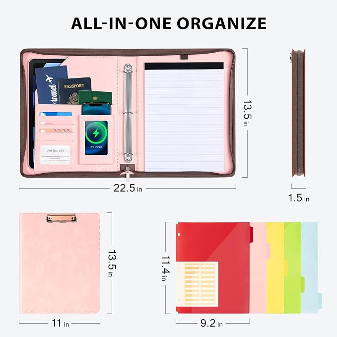 Ospelelf Zippered Padfolio Organizer, Faux Leather 3 Ring Binder with Clipboard, Letter Size Business Portfolio with Notepad, Tablet Sleeve & Phone Pockets for Office Work Pink - Image 3