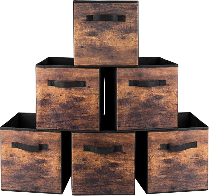EWES 13 Inch Fabric Storage Cubes, 6 Pack Foldable Storage Bins with Handle, Storage Baskets Box for Shelves, Closet, Organizer, Brown Black - Image 9