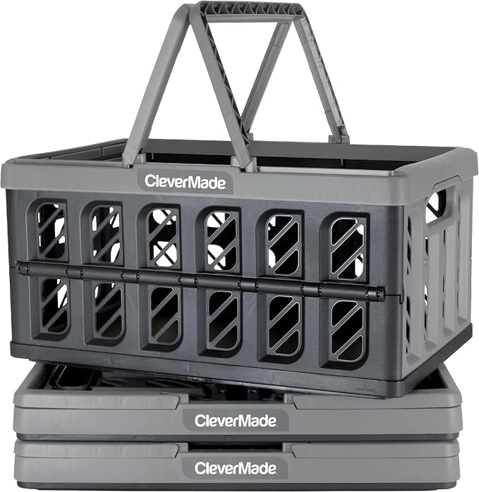 CleverMade Eco Collapsible Shopping Basket with Handles, 24L Stone, 3 Pack | Keep Groceries Upright in the Car | Rigid Walls Carry 25 lb Each, Stack Securely, and Fold to 2.25 Inches for Storage by CleverMade