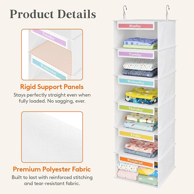 Lifewit 6 Shelf Weekly Clothes Storage Organizer for Kids, 2 Pack, Gray | Closet Storage with Color Labels for School Outfits, Daily Clothing Divider with Days of The Week Monday to Friday Weekend - Image 2