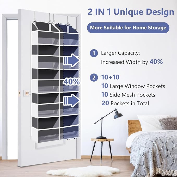 Heavy Duty Over The Door Organizer 5 Tiers, Extra Large Behind Door Storage of 10 Big Front & 10 Mesh Pockets, 80lb Weight Capacity, Hanging Doors Storage Organizer for Closet Bedroom Nursery, Grey - Image 3