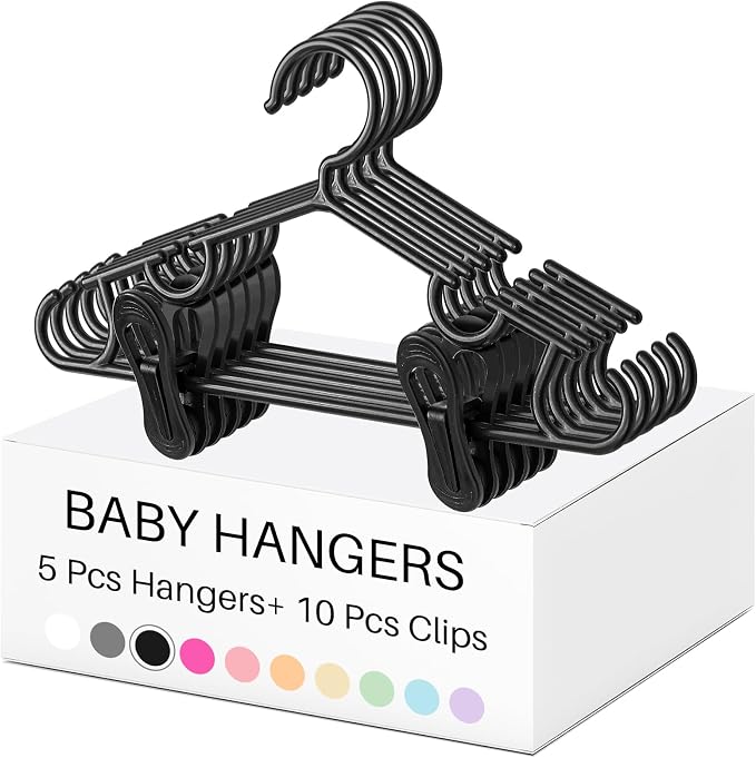 Hsei Baby Hanger with Clip for Pant,15 Packs Total,Black,10.6 Inch | 5 Kids Plastic Hanger with 10 Clips for Newborn, Nursery, Daycare, Preschool, Closet, Wardrobe Organizer for Baby Shower by Hsei