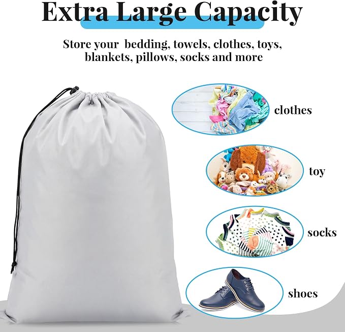 Woanger 12 Pack 28 x 45 Inch Extra Large Laundry Bags Bulk, Silver | Washable Polyester, Drawstring Closure, For Clothes and Bedding, Foldable for College Dorms, Hotels, Camping and Travel - Image 5