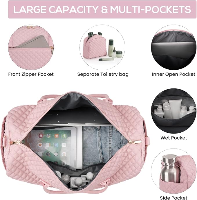 Travel Weekender Bags for Women - Large Duffle Bag with Shoe Compartment Carry On Overnight Bag with Toiletry Bag Pink Duffel Bags with Wet Pocket for Gym Hospital Bags for Labor and Delivery - Image 2