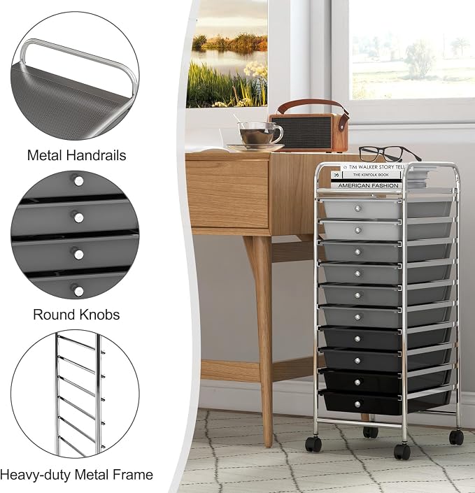 GOFLAME 10-Drawer Rolling Storage Drawer Cart, Utility Cart with Removable Drawers & Metal Frame, Mobile Art Craft Drawer Cart with Lockable Wheels for Home, Office, Studio, School, Gray Gradient - Image 7